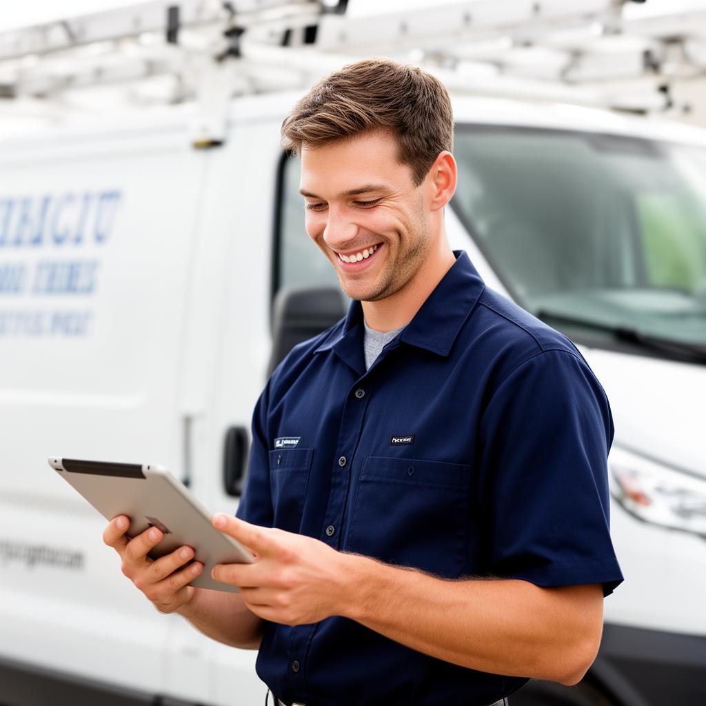 Home-service technician using the Peex booking dashboard on a tablet next to a service van